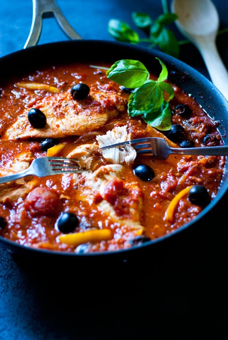 Chicken cacciatore made easy in one pan with olives, peppers and onions.