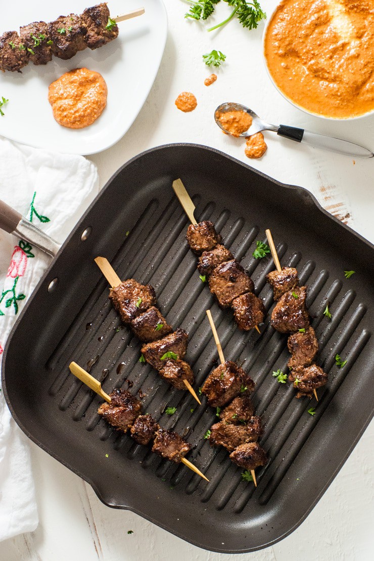 Cumin Marinated Steak Kabobs with Roasted Red Pepper Pesto