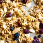 This sweet, salty, crunchy, and chewy coconut oil granola is the perfect breakfast to keep you going strong through the holidays. It's filled with big flakes of unsweetened coconut, oat, whole wheat flour, chia seeds and almonds.