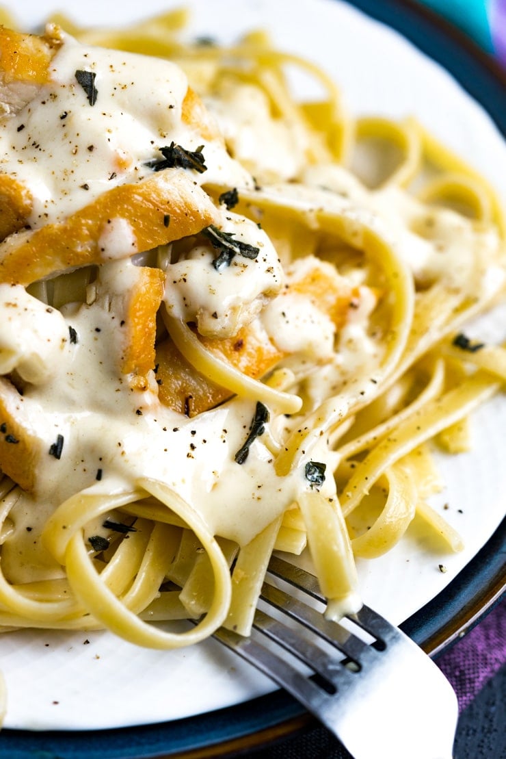 Chicken Alfredo Fettuccini on a white plate with fork