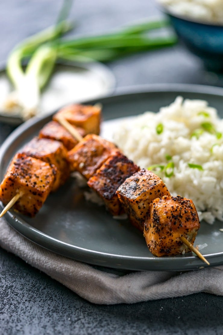 Sweet Sriracha Rubbed Salmon Skewers with Coconut Rice