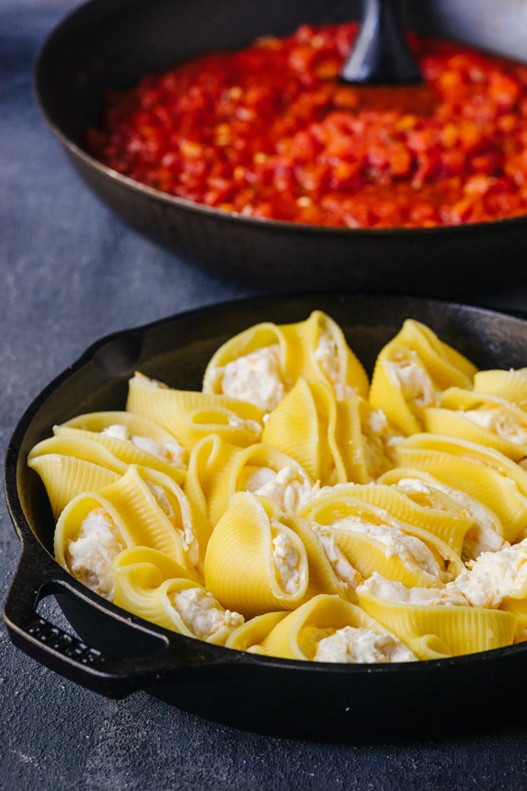 Stuffed lumaconi in a cast iron skillet