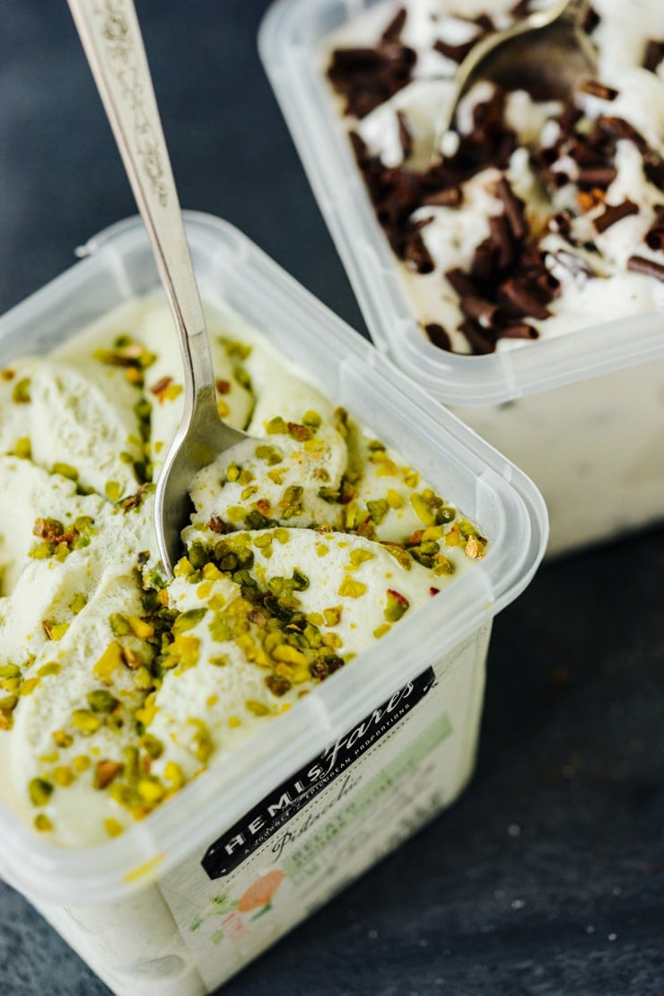 Chocolate chip and pistachio hemisfares gelato