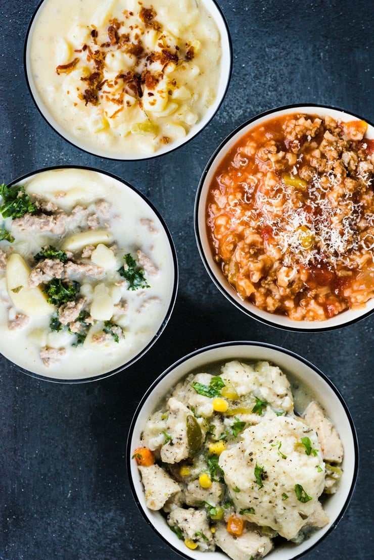 Cozy up this fall with these Four Instant Pot Soup Recipes that only take 7 minutes to cook! Zuppa Toscana, Stuffed Bell Pepper, Cheesy Potato, and Chicken Dumpling.