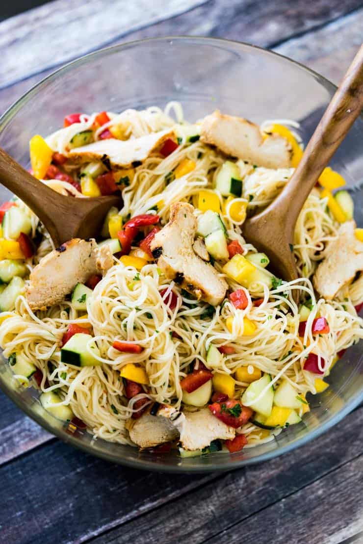 Somen Noodle Salad with grilled chicken is a light and crisp meal that is perfect for potlucks or a casual one-bowl weeknight dinner.