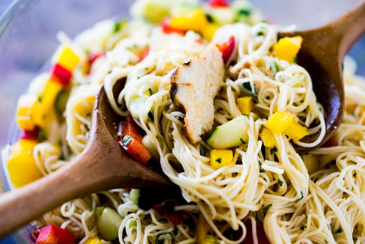 Somen Noodle Salad with grilled chicken is a light and crisp meal that is perfect for potlucks or a casual one-bowl weeknight dinner.