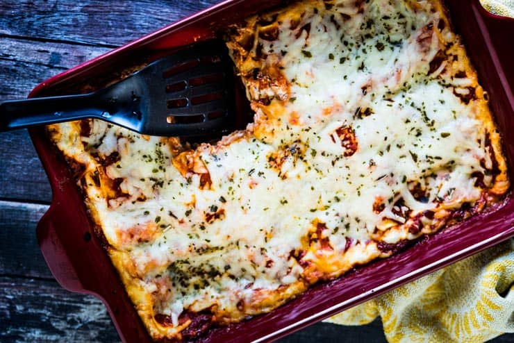 Overhead view of a pan of meatless lasagna