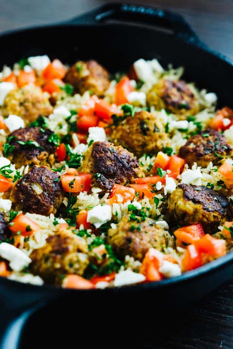 Baked Greek Turkey Meatballs in cast iron skillet