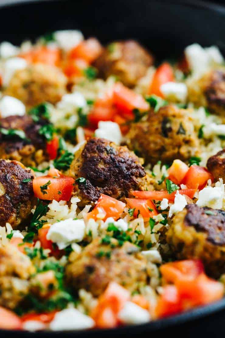 Baked Greek Turkey Meatballs in cast iron skillet