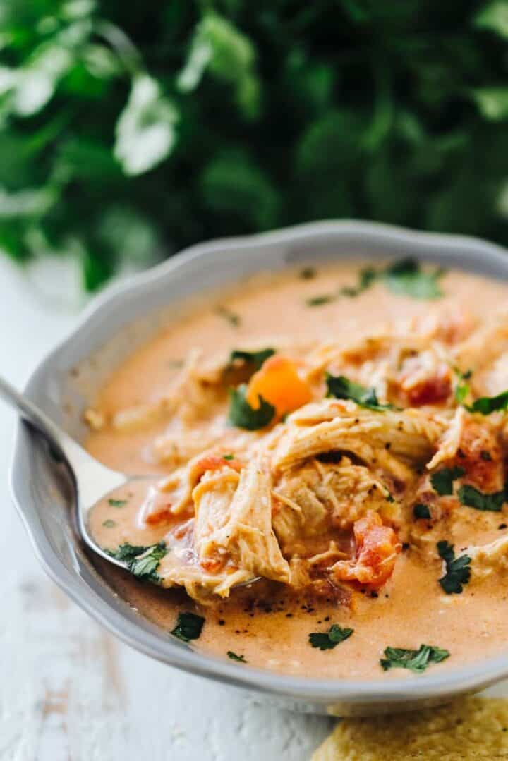 Zesty Queso Chicken Keto Soup-- Make in the Slow Cooker or Instant Pot!