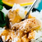 Indian Butter Chicken on rice with a spoon