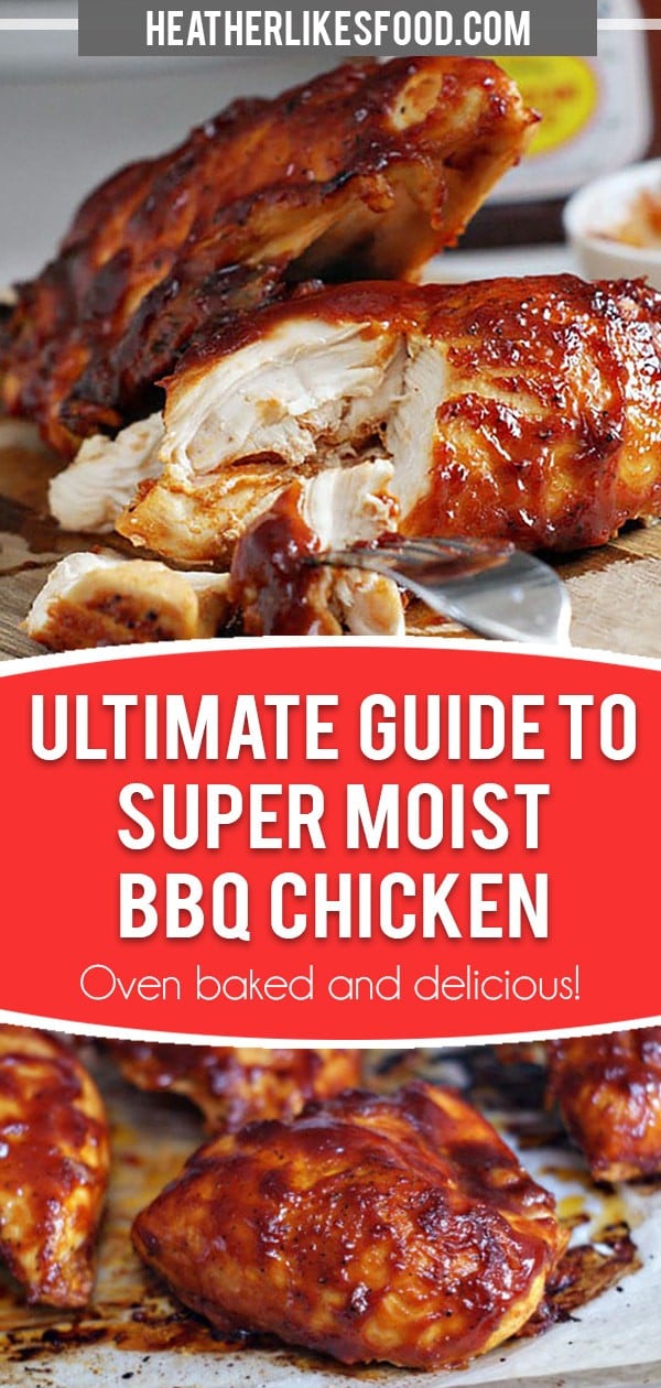 This super moist bbq chicken is marinated and then baked in the oven to juicy perfection. Top with your favorite barbecue sauce for a simple dinner that is full of flavor and easy to make. #bbq #chicken #baked #easyrecipe #chickenmarinade via @hlikesfood