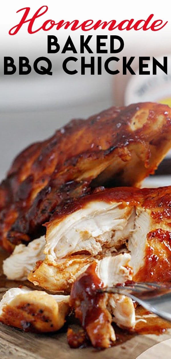 This super moist bbq chicken is marinated and then baked in the oven to juicy perfection. Top with your favorite barbecue sauce for a simple dinner that is full of flavor and easy to make. #bbq #chicken #baked #easyrecipe #chickenmarinade via @hlikesfood