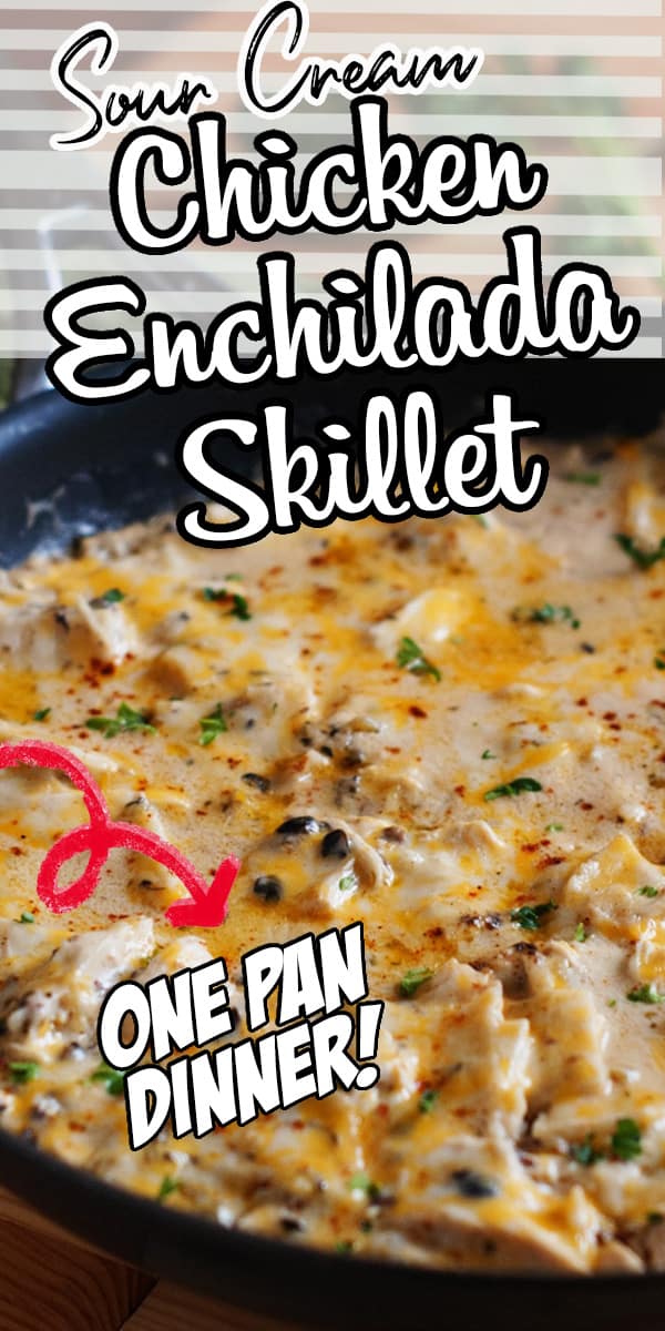 This one pan dinner takes all the flavor of sour cream chicken enchiladas and turns it into an easy skillet that is done in the fraction of the effort and time! Sour cream, chicken, green chiles and plenty of cheese make this recipe great! #enchilada #easydinner #onepan #sourcream #chickendinner via @hlikesfood
