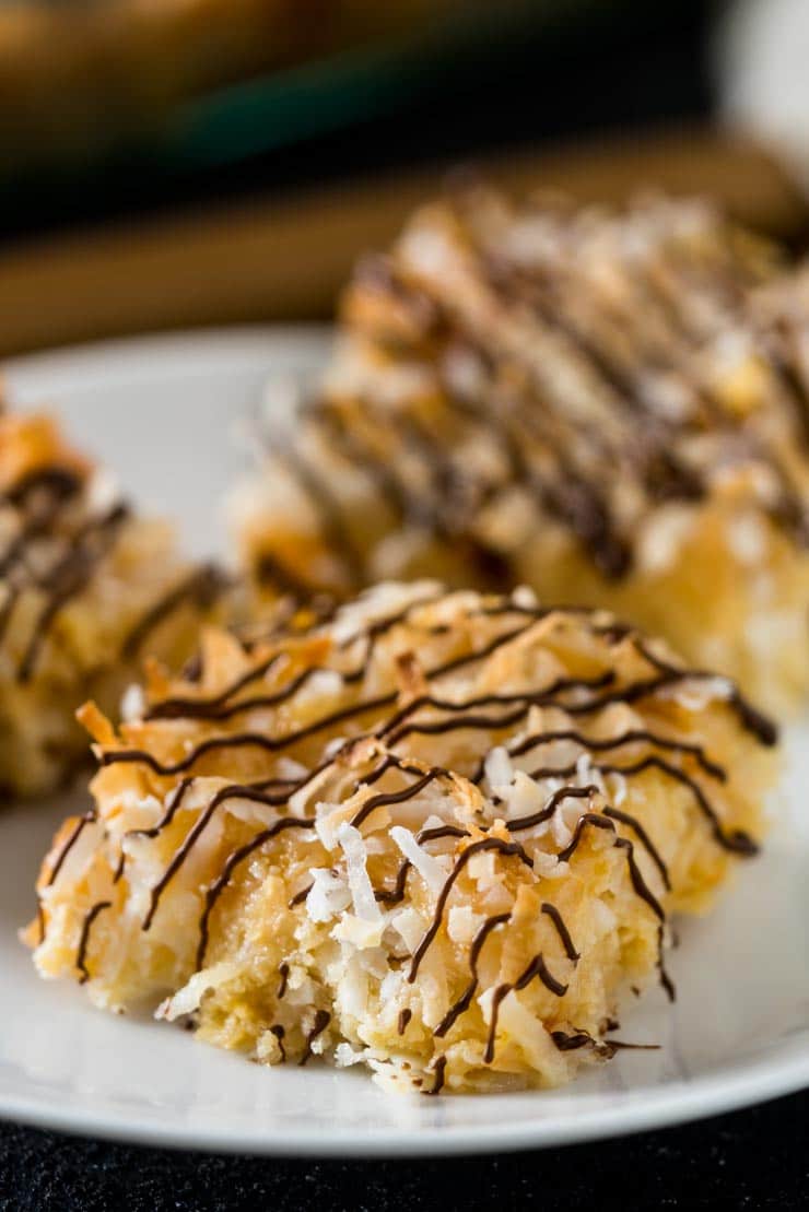 Coconut Macaroon Cookie Bars on a white plate