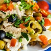 Italian Nachos with homemade alfredo sauce and cherry peppers