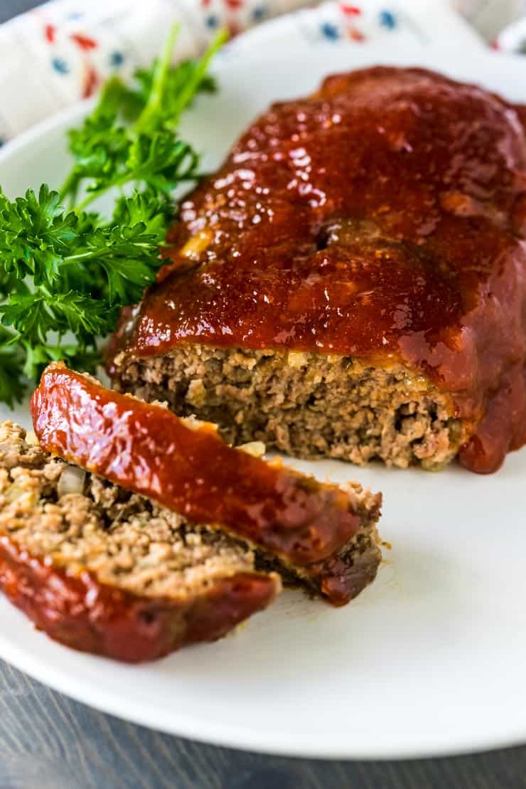 Traditional Meatloaf with Worcestershire Sauce on a White Plate