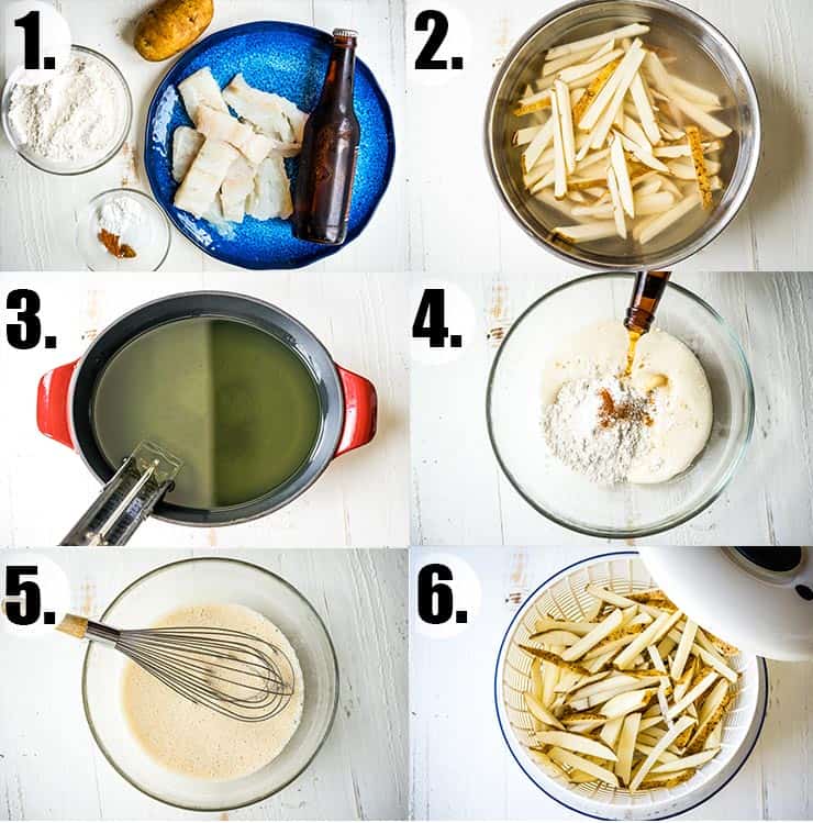 Step-by-step photo collage of how to make beer batter fish and chips