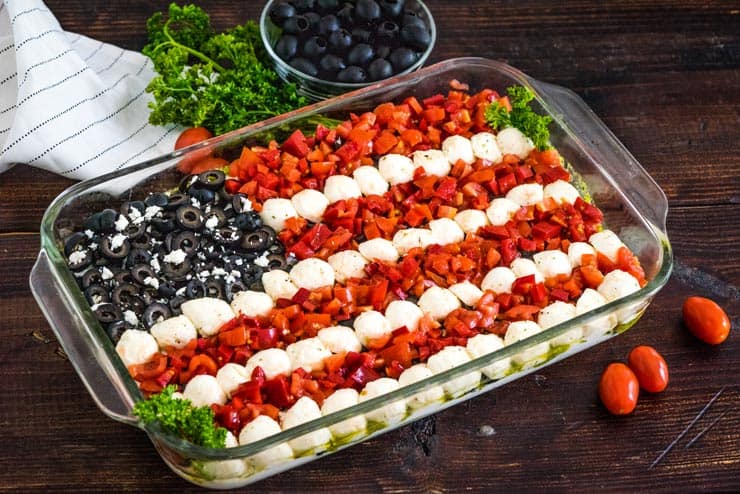 Assembled fourth of july dip in glass casserole dish