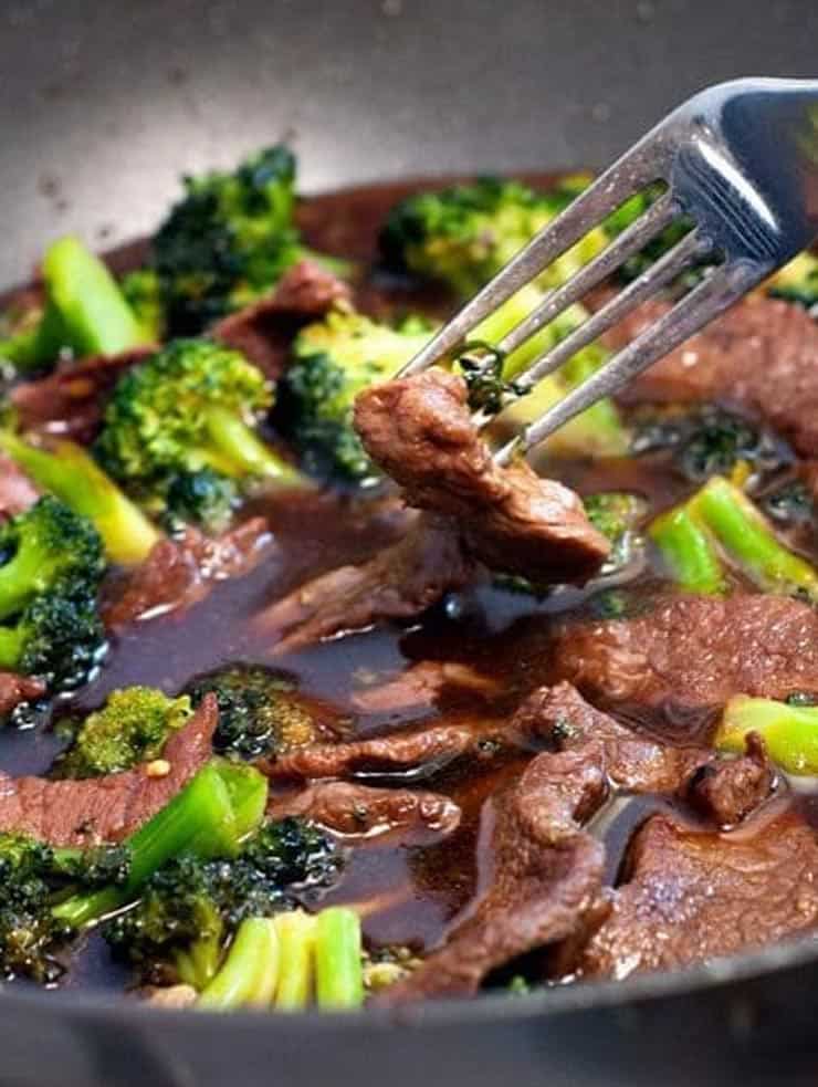 Saucy beef and broccoli in a large pan