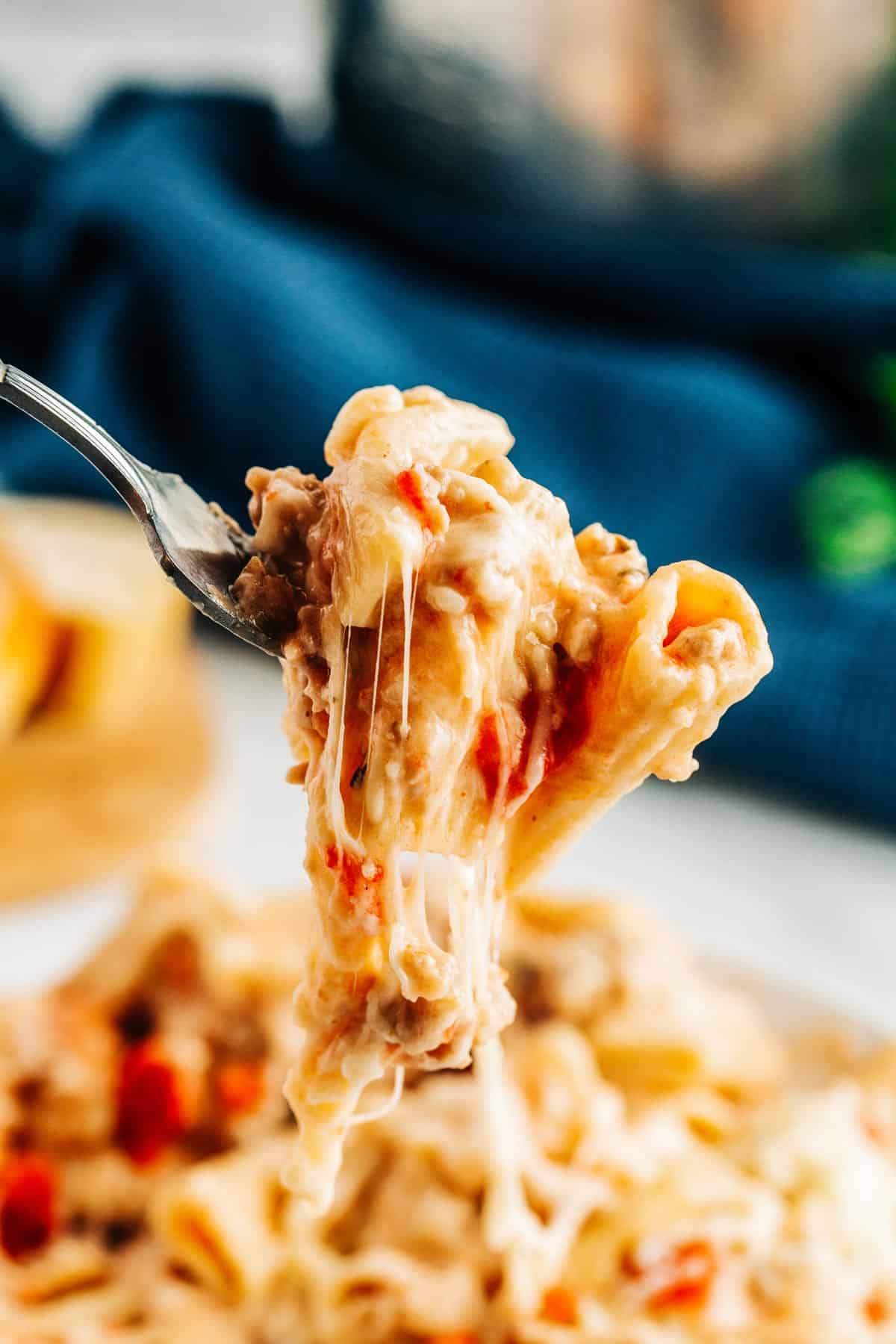 Closeup of a forkful of pasta