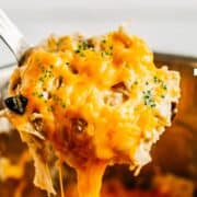 Spoonful of chicken enchilada casserole with melted cheese