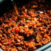 Close up of Salsa Black Bean Chili in slow cooker