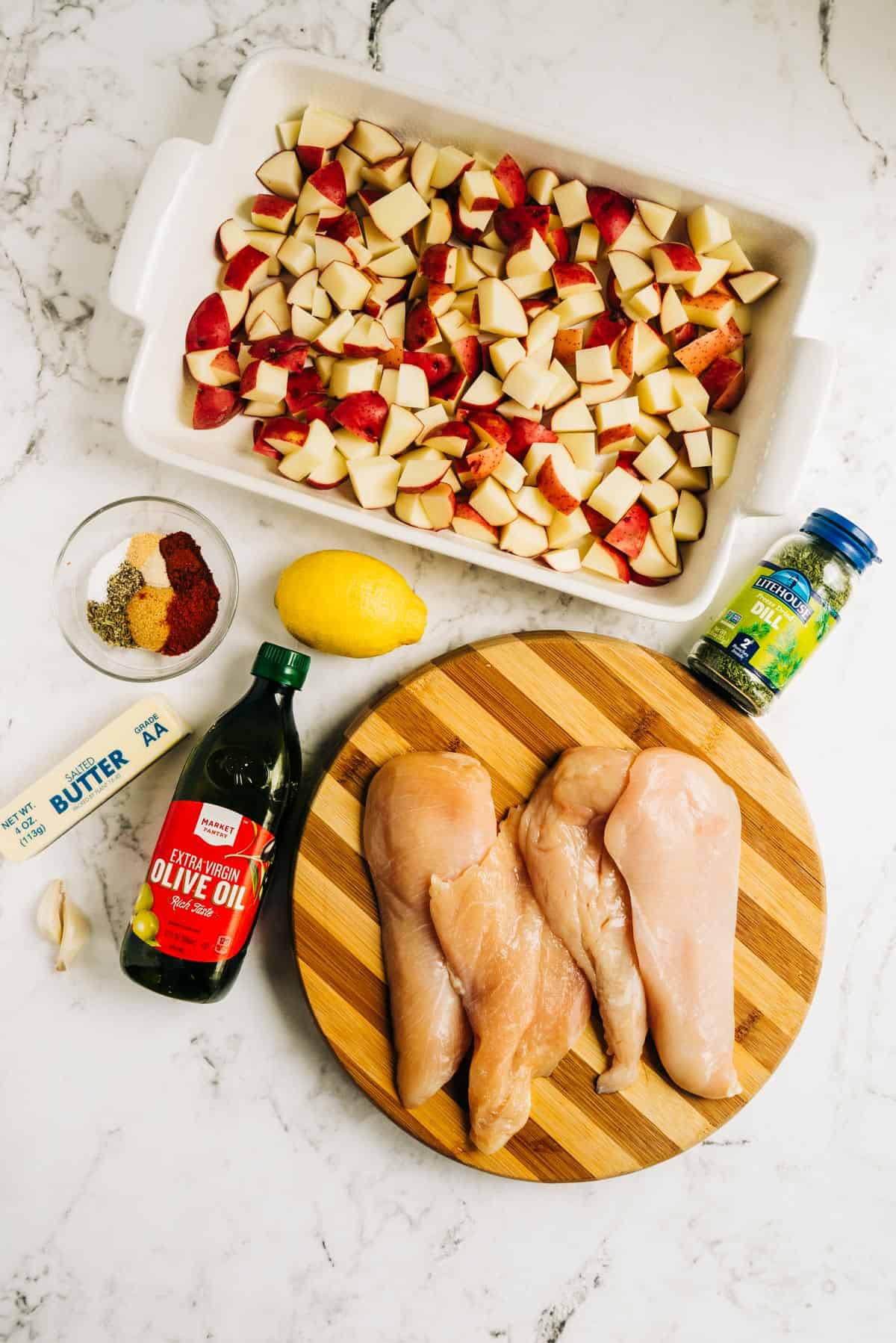Ingredients for baked chicken and potatoes