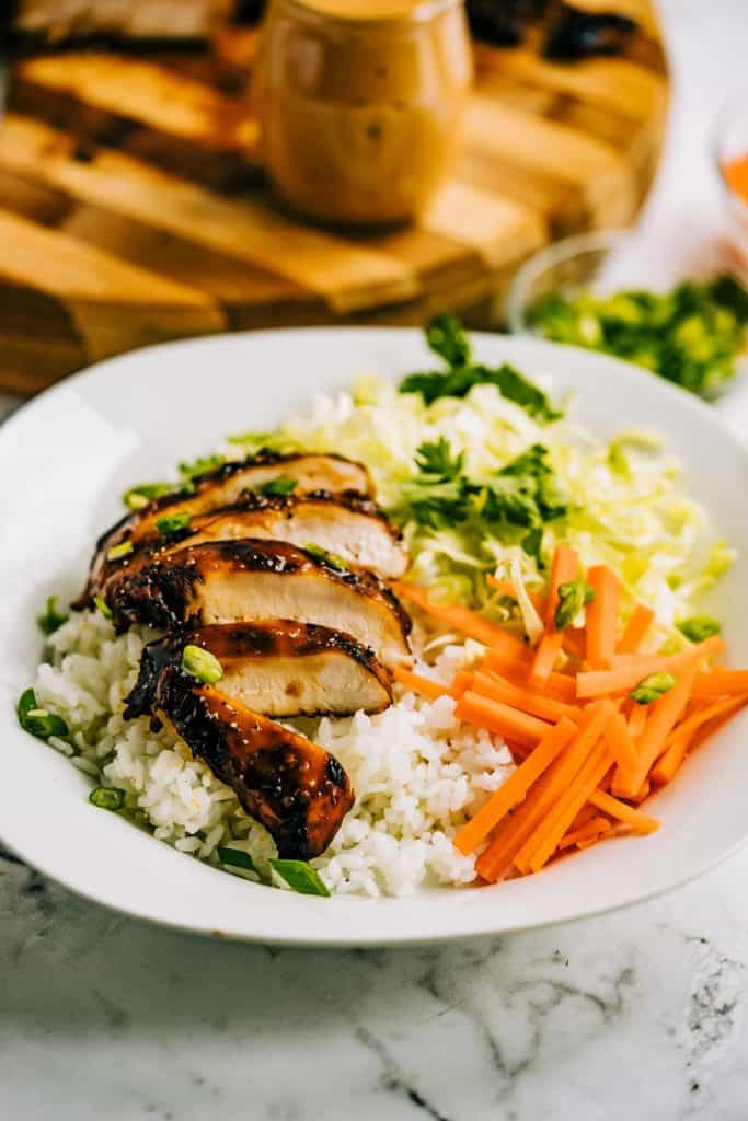 Grilled chicken on rice with carrots, celery and cilantro