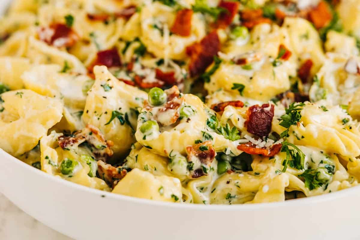 Cheese tortellini in a cream sauce with bacon